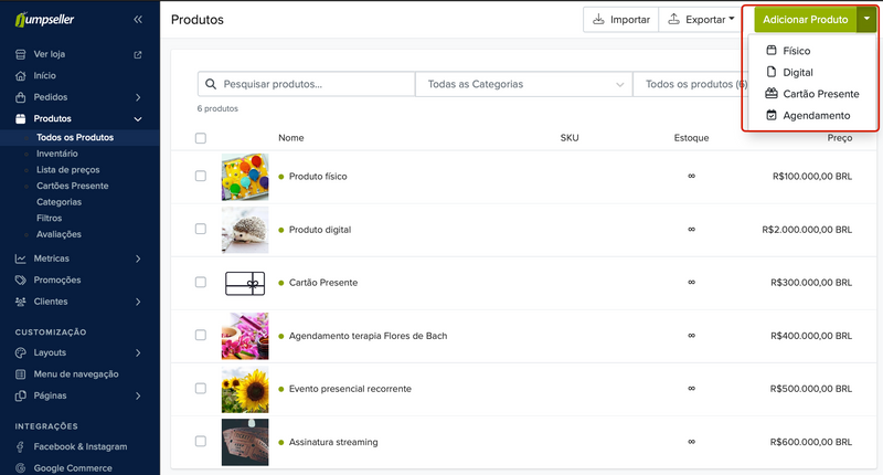 Produtos físicos, digitais e assinaturas