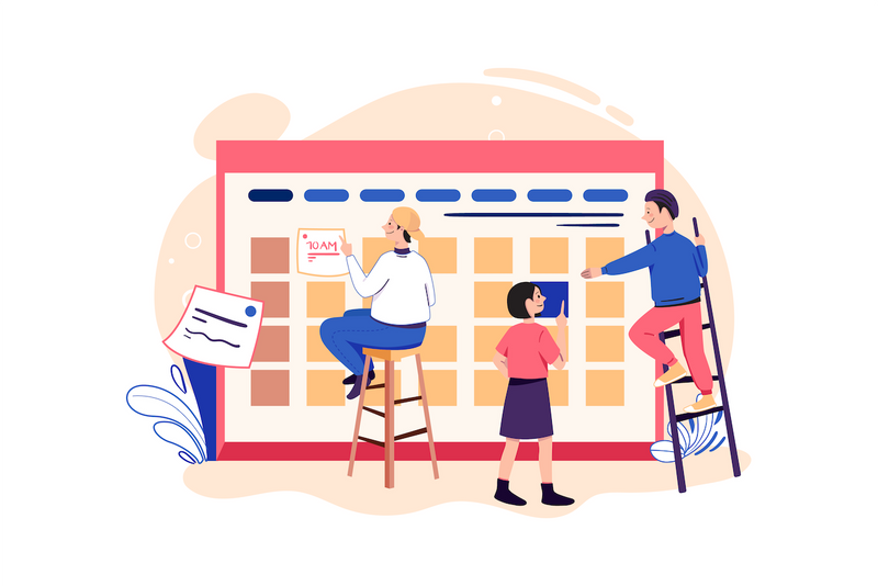 Equipa a planear datas de vendas num grande calendário de parede
