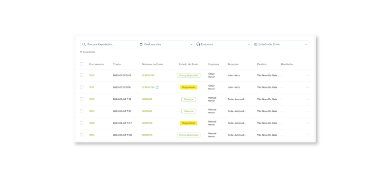 Captura de ecrã da secção de seguimento de envios no painel de administração da Jumpseller.