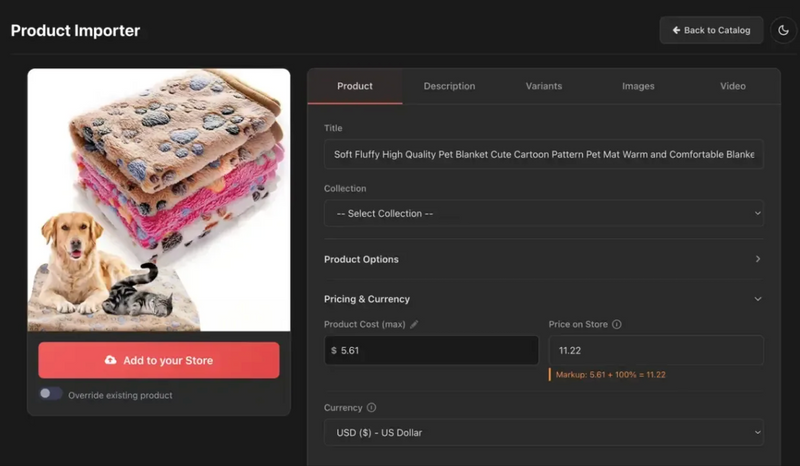 Editor de produtos do Importify antes de adicionar um produto ao Jumpseller