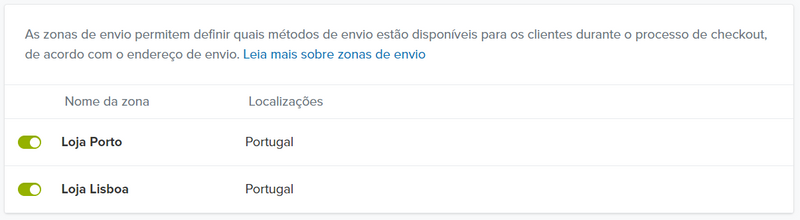 Localizações de stock numa zona de envio