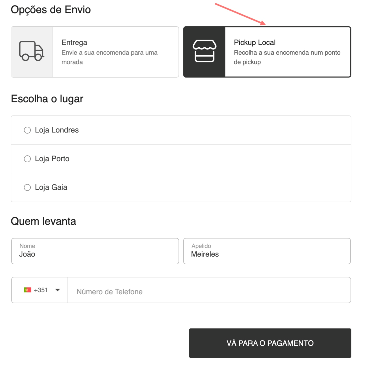 Seleção de levantamento no checkout