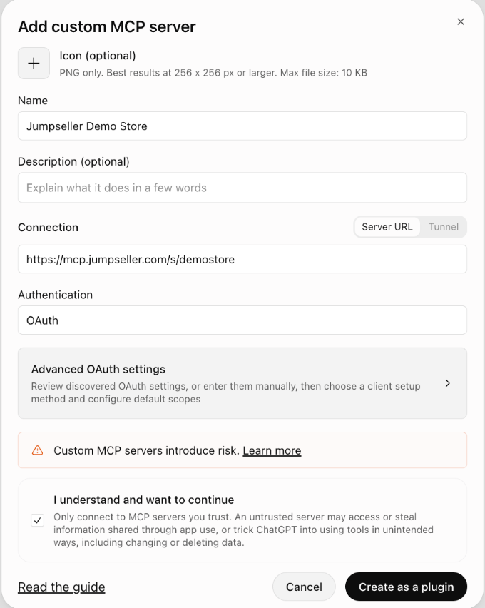 Nome, URL do servidor e OAuth na janela Add custom MCP server do ChatGPT