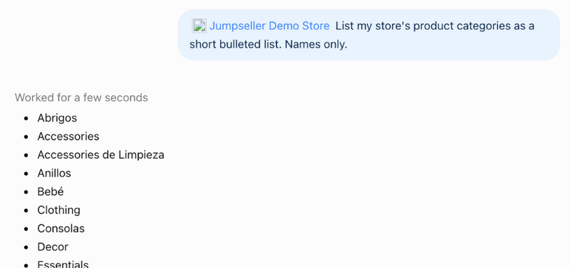 O ChatGPT a listar as categorias da loja com o plugin Jumpseller