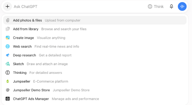 O plugin Jumpseller no menu + de uma conversa do ChatGPT
