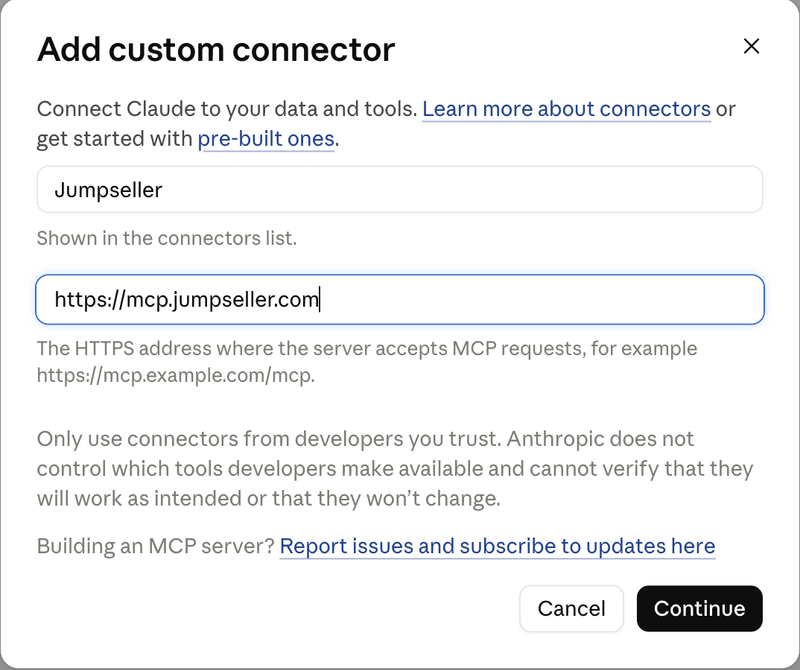 Nome e URL do servidor na janela Add custom connector do Claude