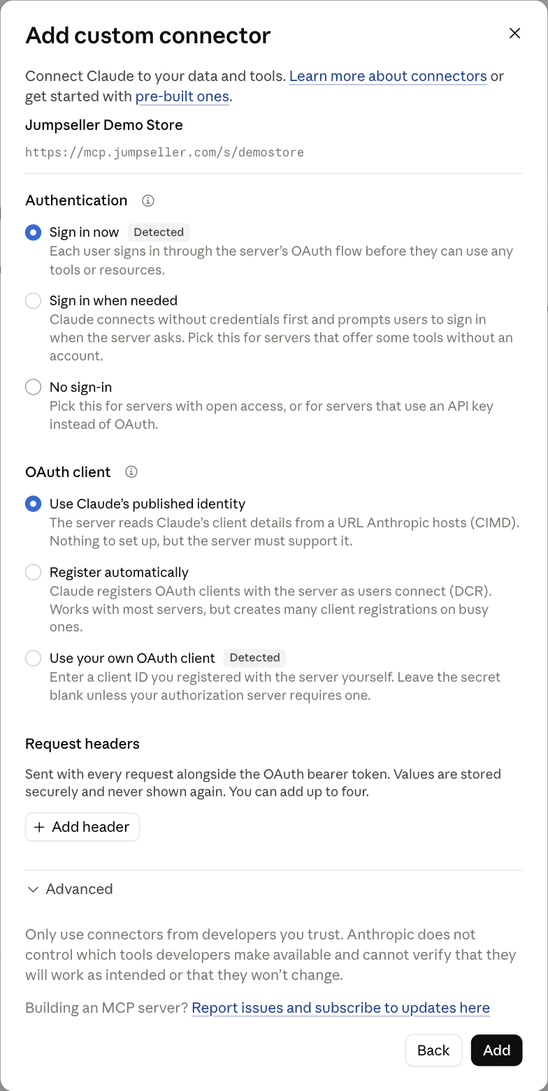 Sign in now e Use Claude's published identity selecionados