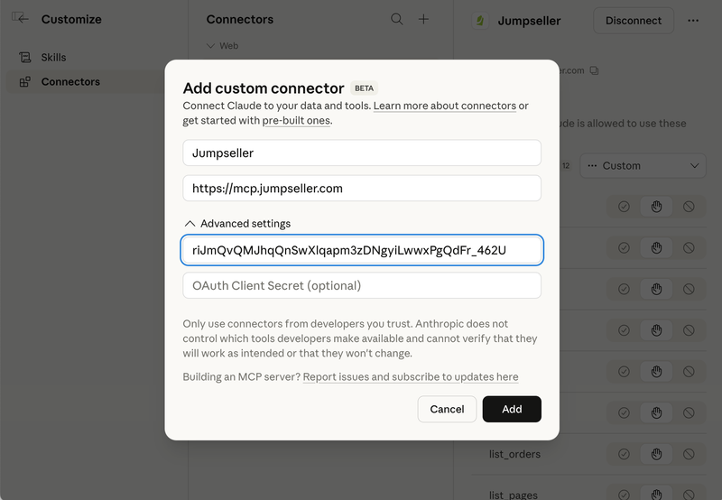 Configuração do conector personalizado do Claude