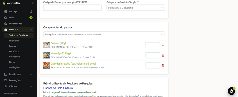 Secção Componentes do pacote
