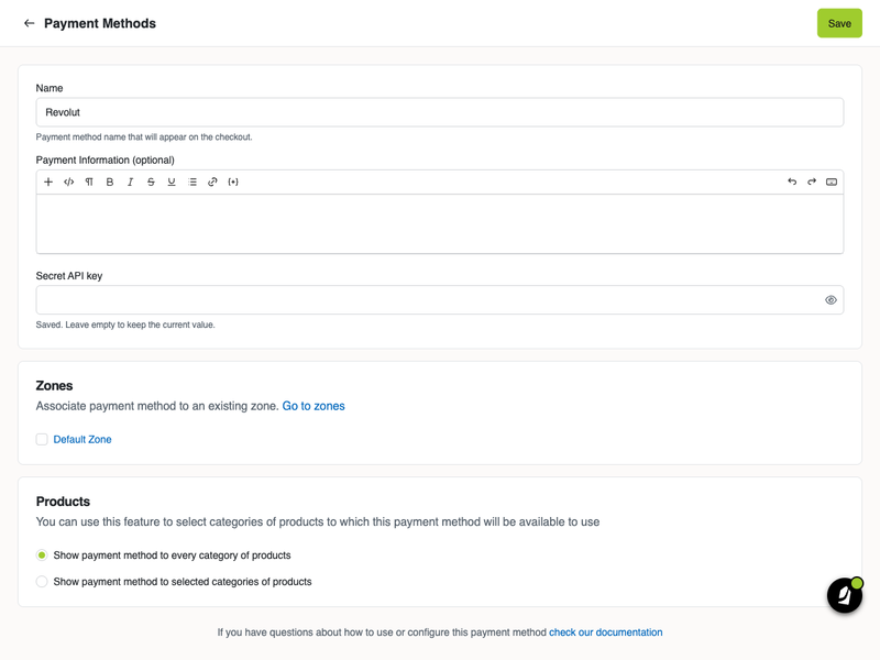 Configuração do método de pagamento Revolut no painel da Jumpseller