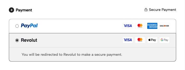 Opção de pagamento Revolut no checkout da Jumpseller com os logótipos de cartões, Apple Pay e Google Pay