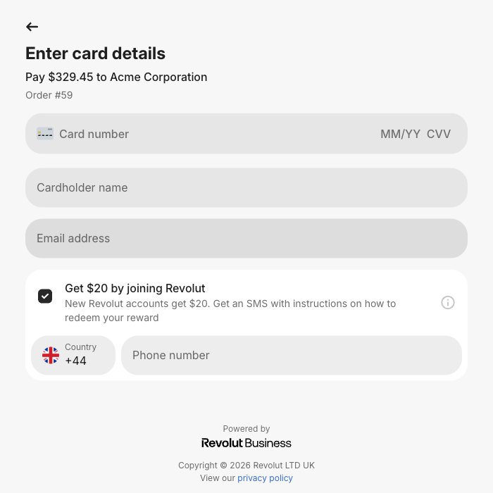 Formulário de pagamento com cartão do Revolut