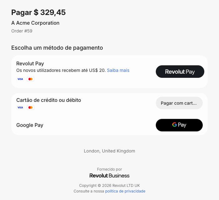 Página de pagamento do Revolut com Revolut Pay, cartão e Google Pay