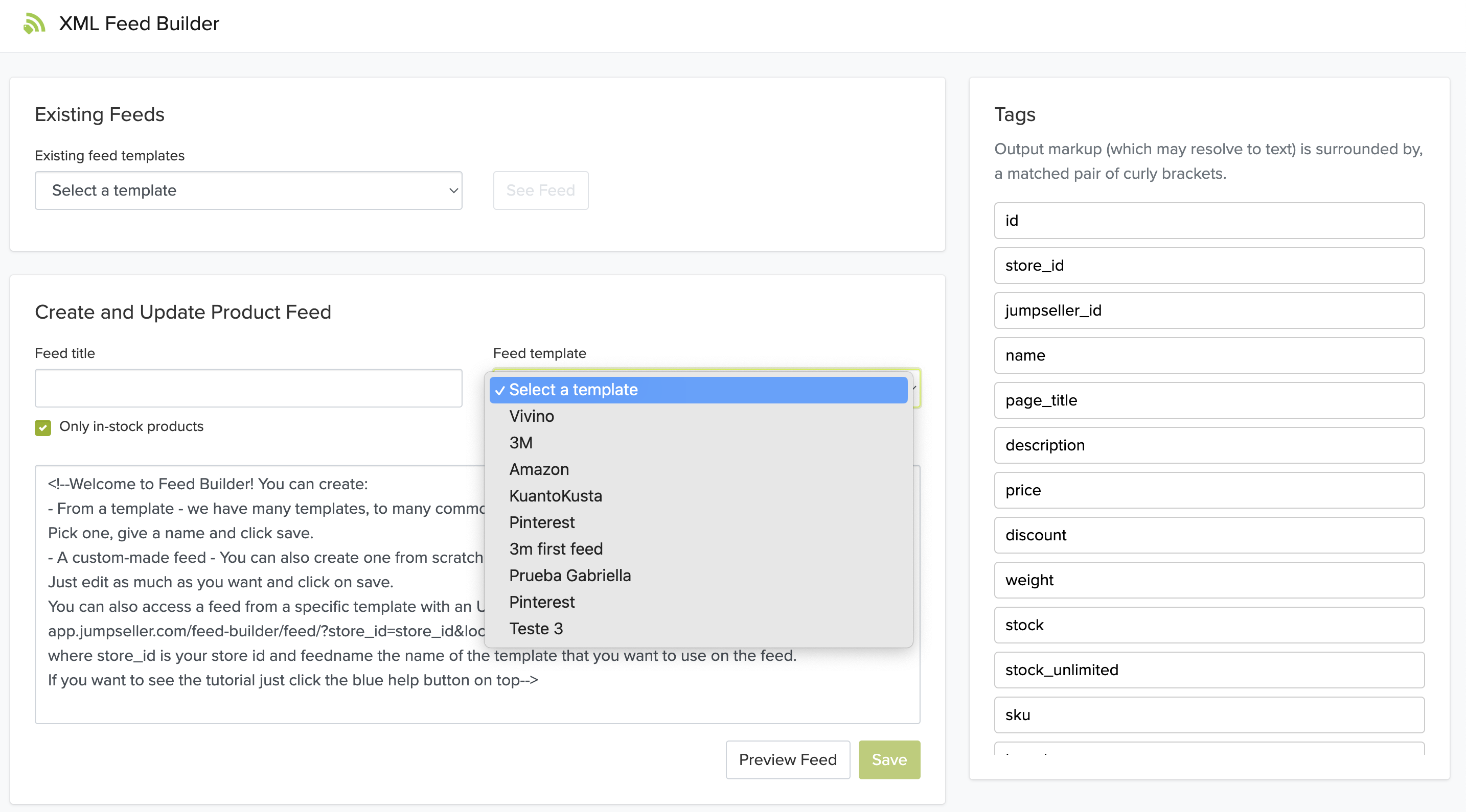 Feed Templates Dropdown