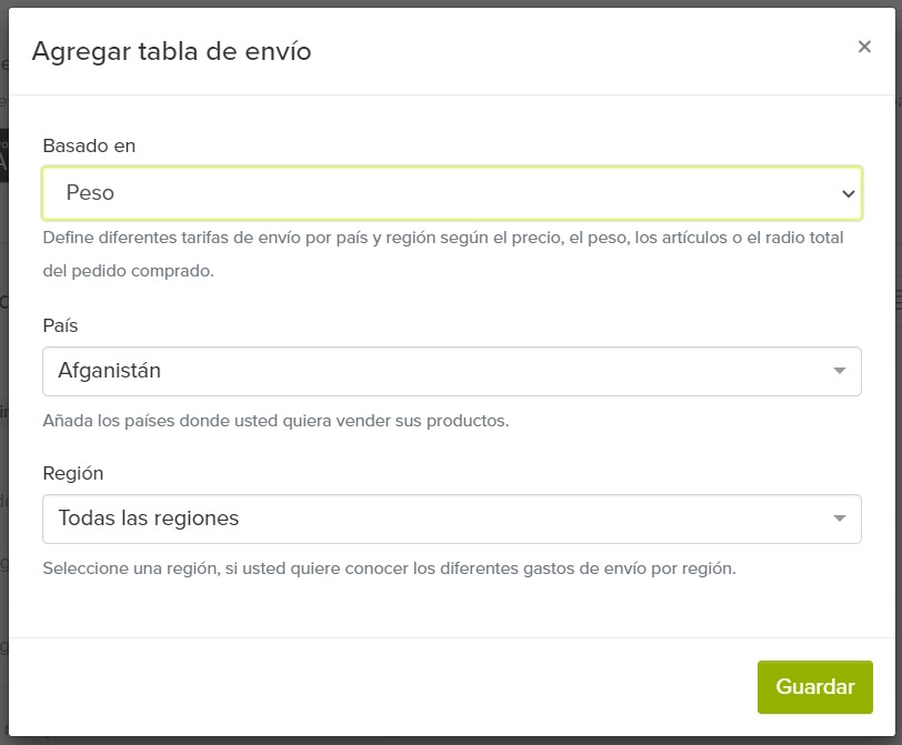 Tabla de Tarifas