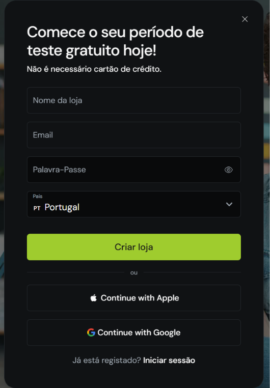 Botões Continuar com a Google e Continuar com a Apple na página de registo